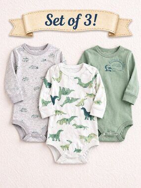NWT Carter’s Baby Boy Onesies 3 Pack Size 3 Months Dinosaur Bodysuits Green Gray